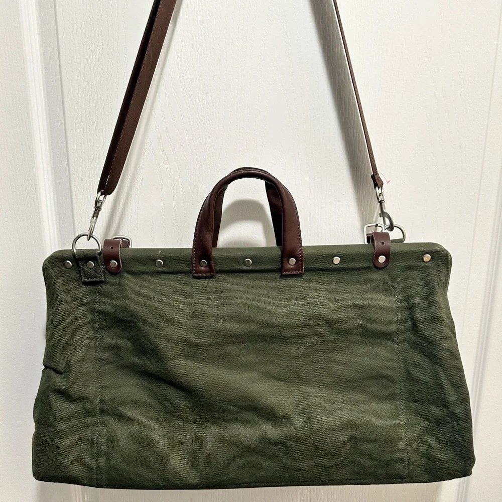 Canvas Weekender Bag LINE OF TRADE Olive Green Canvas Leather Trim - NWOT